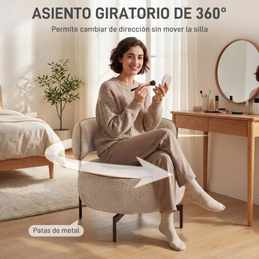 Butaca de Salón con Asiento Giratorio Tapizado en Lino Asiento Amplio Relleno Grueso Patas de Metal Beige [4]
