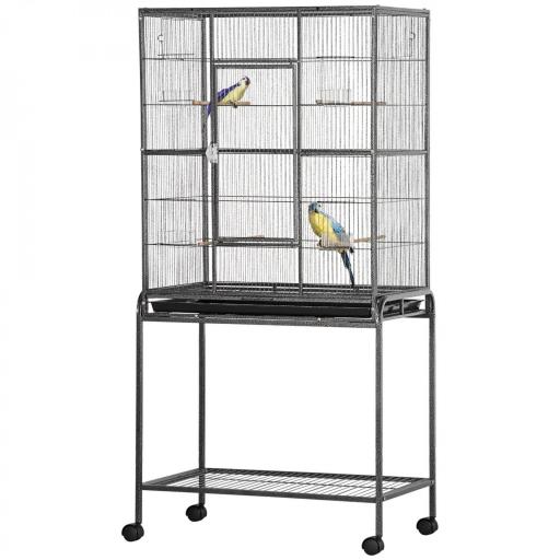 Jaula para Pájaros con Ruedas Pajarera Metálica con Perchas Comederos y Estante 81x48x162,5 cm Negro y Gris [8]