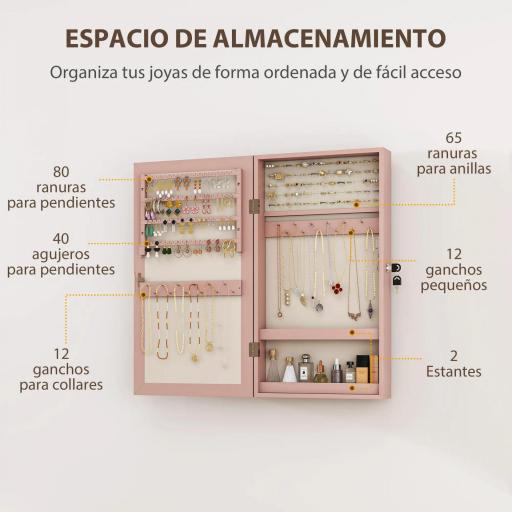 Espejo Joyero de Pared con Cerradura y Varios Compartimentos Montar en Pared o Puerta Rosa y Forro Beige [2]