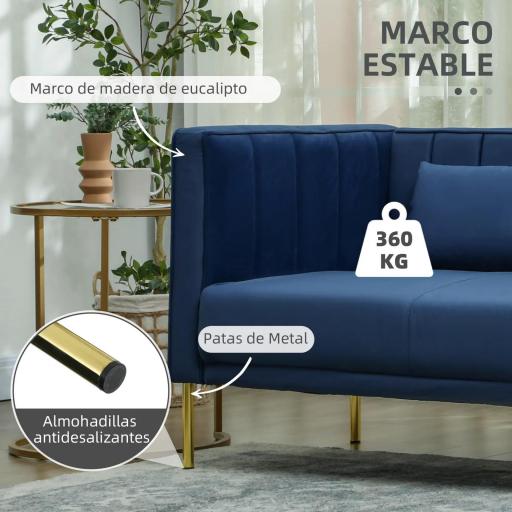 Sofá de 3 Plazas con Tapizado Aterciopelado Estructura Reforzada y Patas Doradas para Salón 194,5x76x76 cm Azul Marino [4]