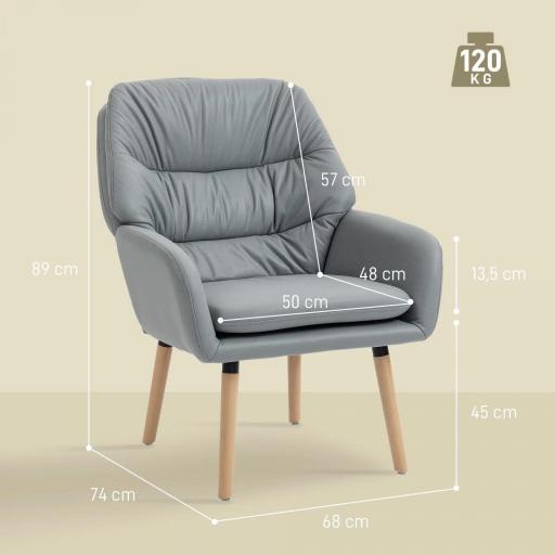 Sillón de Salón Moderno Acolchado de Doble Capa Tapizado en Cuero Sintético Patas de Madera 68x74x89 cm Gris [1]