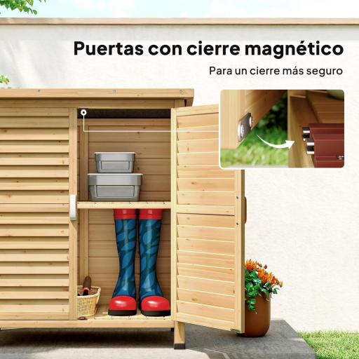 Armario para Terraza de Madera con 2 Estantes Interiores 2 puertas de Buena Ventilación y Techo Inclinado para Exterior 87x46,5x96,5 cm Madera Natural [4]