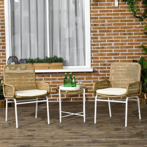 Juego de 3 Piezas Sillas y Mesa de Ratán con 2 Sillas 1 Mesa de Centro y Cojines para Terraza Patio Natural