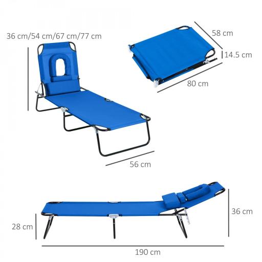Tumbona Plegable con Respaldo Regulable en 4 Posiciones Tumbona de Jardín con Orificio de Lectura Almohada Marco Metálico y Tela Oxford para Playa Terraza Carga 120 kg 190x56x28 cm Azul [1]