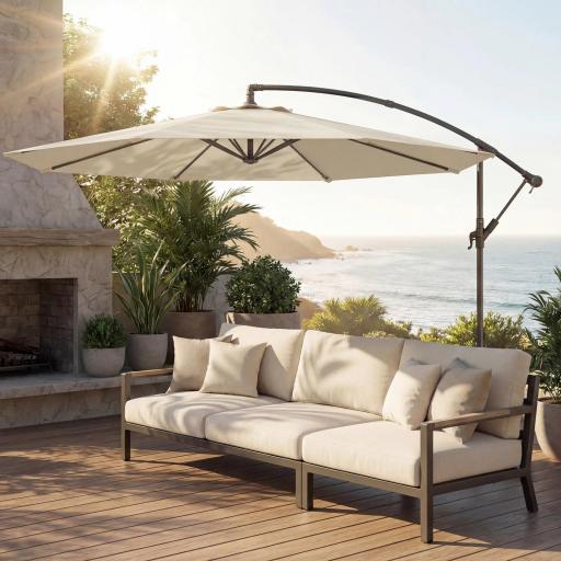 Parasol Excéntrico Ø300 cm con Base Cruzada Toldo Ajustable y Manivela UPF30+ para Terraza Patio Blanco Crema [4]