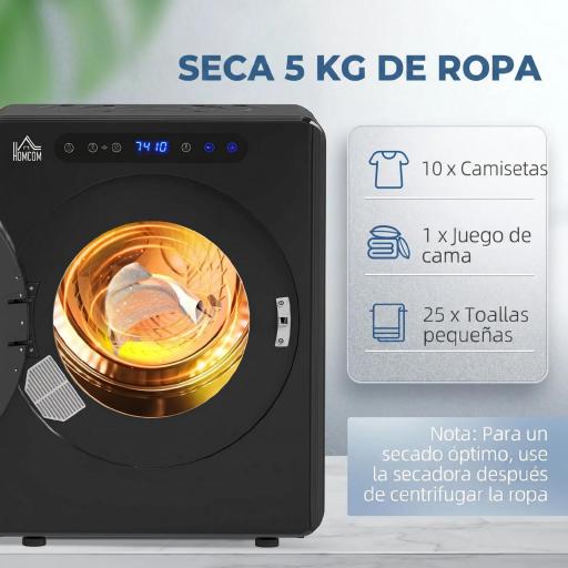 Secadora de Evacuación 5 KG 1000W Función Antiarrugas Función Esterilizar Temporizador Pantalla LED Táctil Negro [4]