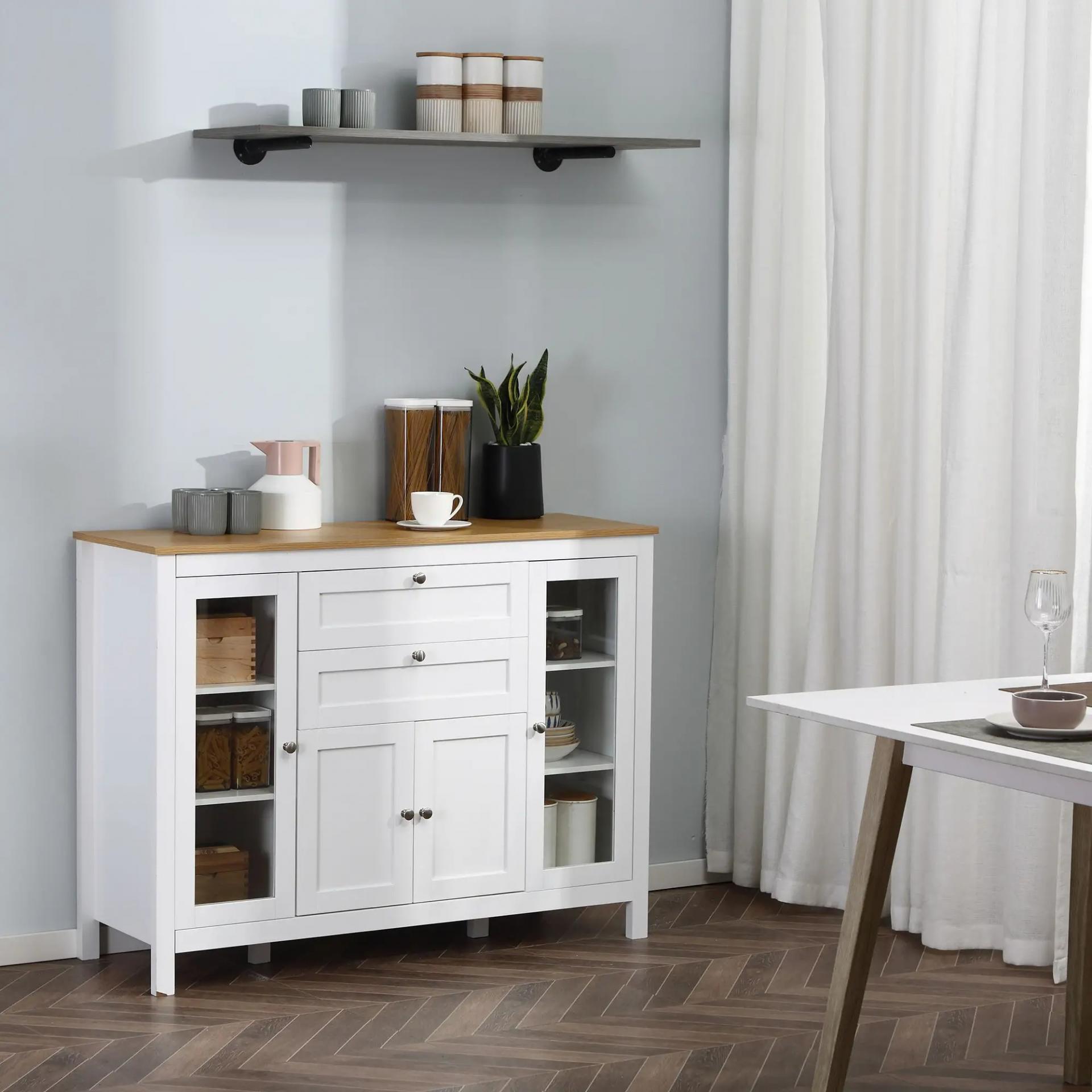 Aparador de Cocina con Armario 2 Cajones 2 Puertas de Vidrio y Estantes Ajustables Muebles Auxiliar de Almacenaje para Comedor Salón 120x40x90 cm Blanco