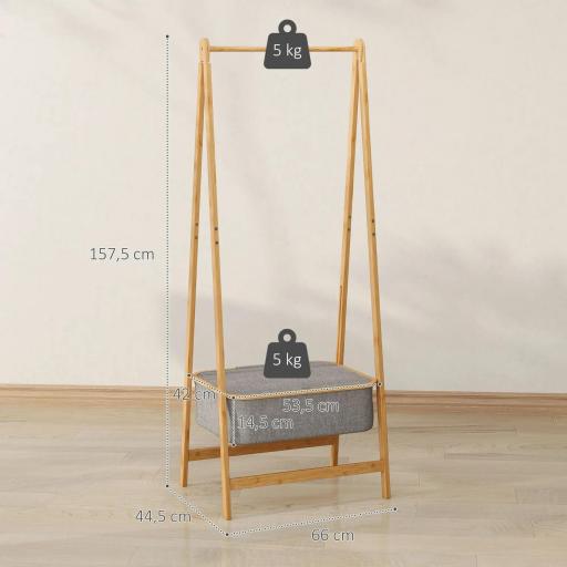 Burro para Ropa Plegable de Bambú con Cesta de Tela con Tapa para Recibidor Entrada Dormitorio 60x44,5x157,5 cm Gris [1]