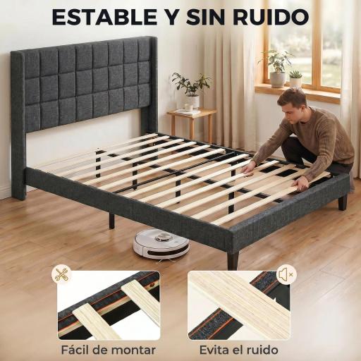 Cama 135x190 cm con Almacenaje Inferior Tapizada y Cabecero Acolchado con Orejas Gris [3]