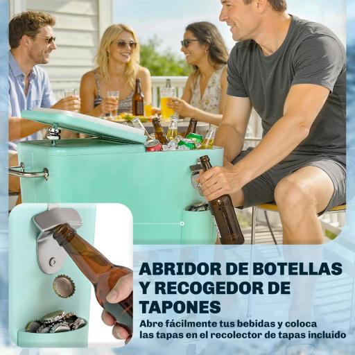 Carro de Bebidas Refrigerado 56L con Ruedas Abrebotellas Recogetapas y Asa para Patio Fiesta 75x35x78 cm Verde Claro [4]