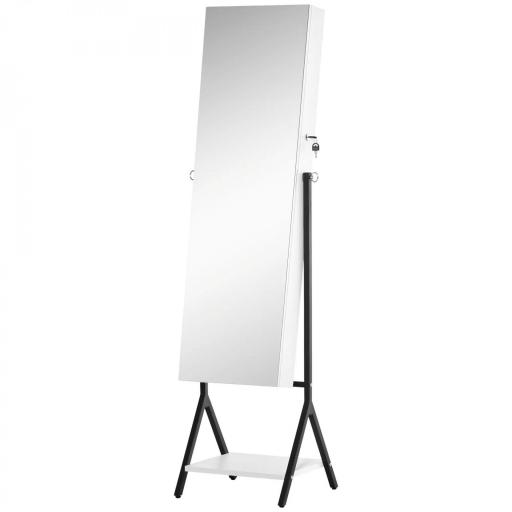 Espejo Joyero de Pie Cuerpo Entero Ajustable en Ángulo Armario de Joyería con Estante Inferior Cerradura Magnética Ranuras y Cajas para Joyas 47x36x157 cm Blanco y Negro [9]