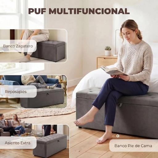 Puff Almacenaje, Banco Almacenaje 141L 137x41x42 cm Tapizado en Terciopelo Baúl de Almacenamiento Carga 240 kg Gris [2]