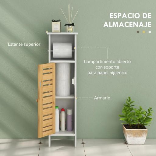 Mueble Auxiliar de Baño con Portarrollos de Papel Estantes Ajustable y Puerta de Bambú 21x17x78 cm Blanco y Natural [4]