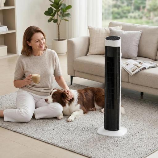 Ventilador de Torre Silencioso con Control Remoto 3 Velocidades 3 Modos Temporizador 7,5H Oscilación 70° Blanco y Negro [4]