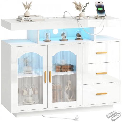 Aparador con LED RGB de 7 Colores Tomas Puertos USB 3 Cajones Estantes Abiertos 2 Puertas 100x35x80 cm Blanco Brillante [8]