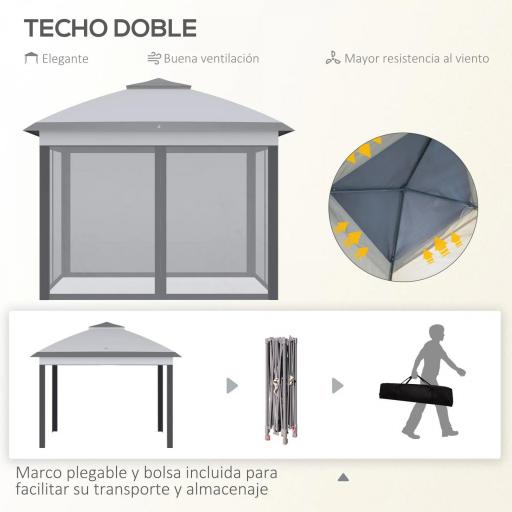 Carpa Plegable 3,3x3,3 m con Altura Ajustable Doble Techo 4 Mosquiteras Extraíbles y Bolsa de Transporte Anti-UV Gris [2]