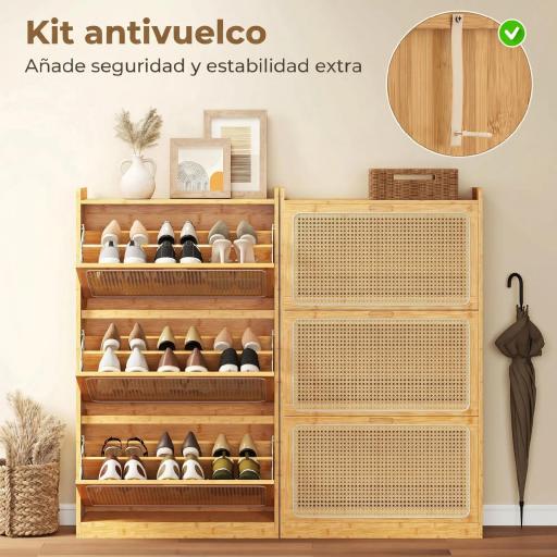 Zapatero Estrecho de Bambú con 3 Cajones Abatibles de Ratán para 18-21 Pares de Zapatos 69x29x119,8 cm Natural [5]
