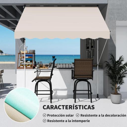 Toldo Manual Retráctil 300x150x170-280 cm con Altura Ajustable Manivela y Protección Solar para Terraza Beige [2]