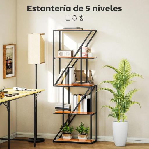 Librería de 5 Niveles Estantería para Libros Industrial con Estantes Abiertos y Marco de Acero 60x30x165 cm Roble [2]