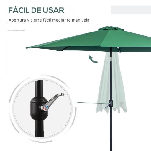 Sombrilla de Jardín Ø295x250 cm con Manivela Parasol Exterior con Mecanismo de Inclinación y Poste Desmontable de Metal para Terraza Piscina Patio Verde [2]