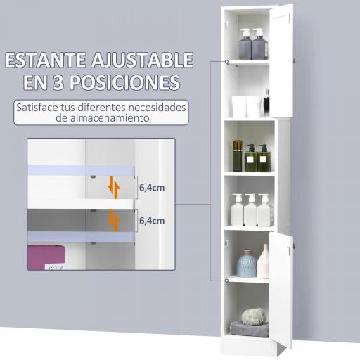 Armario Alto para Baño con Espejo Mueble Columna de Baño Madera con 2 Estantes Abiertos 2 Puertas y Baldas Interiores Ajustables 30x28x180 cm Blanco [7]