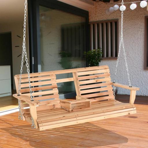 Banco Colgante de Madera con Mesa de Centro Plegable 2 Portavasos y Reposabrazos Carga 200 kg 150x75x53 cm Natural