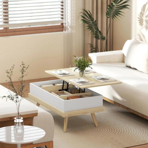 Mesa de Centro Elevable con 3 Compartimientos de Almacenaje Ocultos y Patas de Madera 100x79x54 cm Natural y Blanco [5]