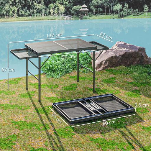 Mesa de Camping Plegable con Laterales Abatibles Altura Ajustable y Encimera Metálica de Rejilla 137x62x67 cm Negro [4]