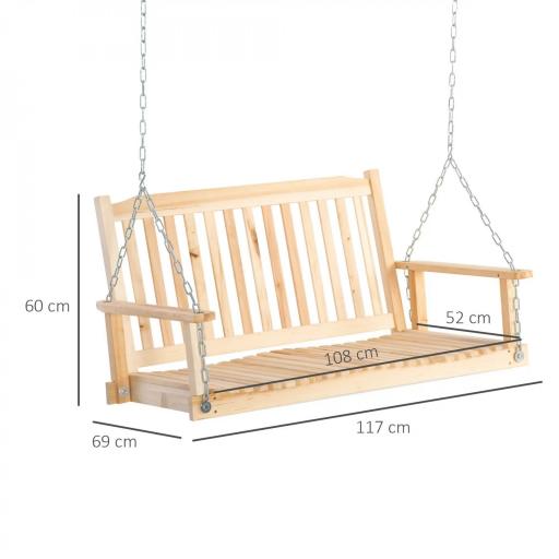 Banco Columpio de Madera de 2 Plazas Ajustable con Respaldo y Apoyabrazos para Exterior Jardín 117x69x60 cm Natural [1]