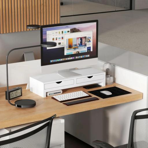 Elevador Monitor Ángulo y Longitud Ajustable con 2 Cajones para Portátil Computadora PC 60-116x22x12 cm Blanco [2]