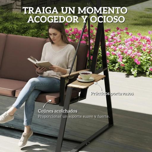 Columpio de Jardín Exterior de 3 Plazas con Techo Ajustable 2 Bandejas Cojines y Marco de Metal Carga 360 kg Marrón [3]
