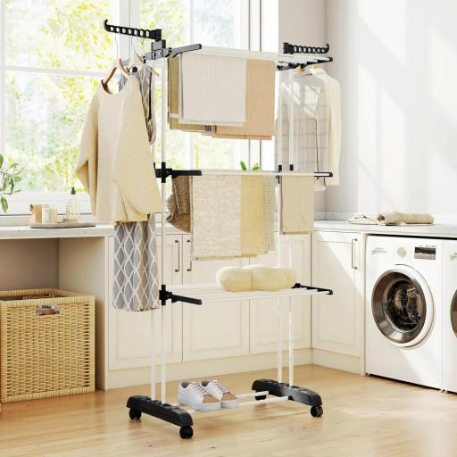 Tendedero de Ropa Plegable con Ruedas 3 Niveles con Alas Plegables y Colgadores 73x64x172 cm Negro y Blanco [1]