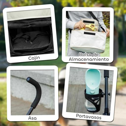 Cochecito para Perros Pequeños con Estructura de Paraguas con Cojín Lavable Portavaso Ventanas de Malla y Bolsa Crema [3]