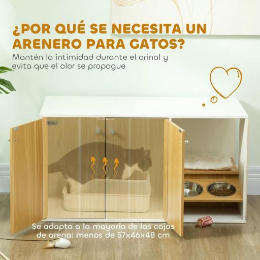 Mueble Arenero para Gatos 3 en 1 con Puertas Cojín Tazones y Estera para Rascar 95x48x50,5 cm Blanco y Roble [1]