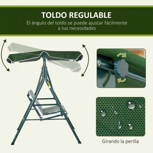 Columpio Balancín de Jardín de 3 Plazas con Cojín Techo Ajustable y Marco de Acero 172x110x153 cm Rayas Verde y Blanco [4]