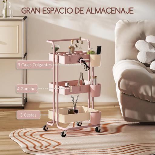 Carrito Auxiliar con Ruedas Carro de Almacenaje Multifuncional con Ganchos y Cajas Colgantes 42x38x86,5 cm Rosa [9]