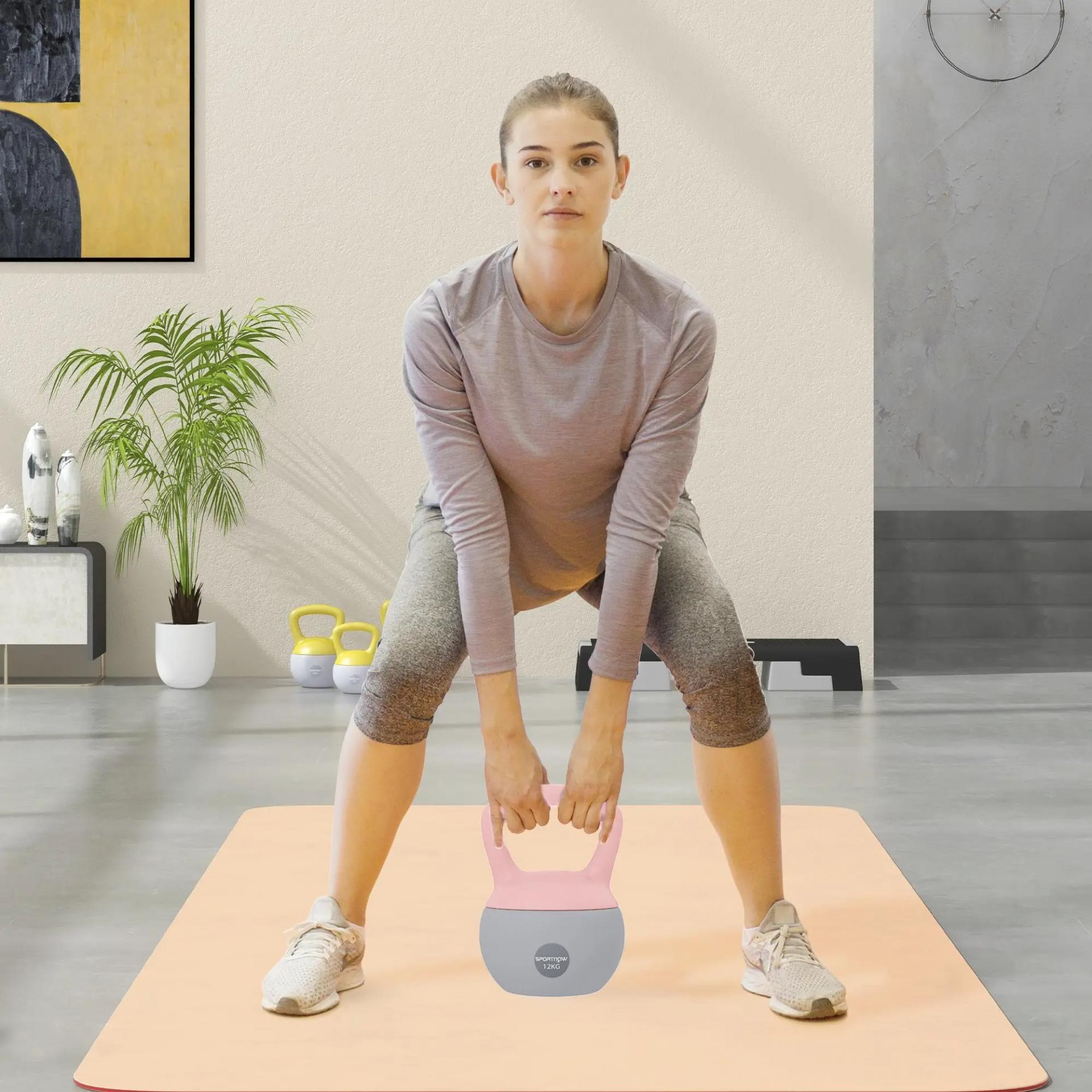 Pesa Rusa 12 kg Kettlebell Relleno de Arena Metálica Mango Antideslizante para Entreno en Casa 21x21x30 cm Rosa y Grisq