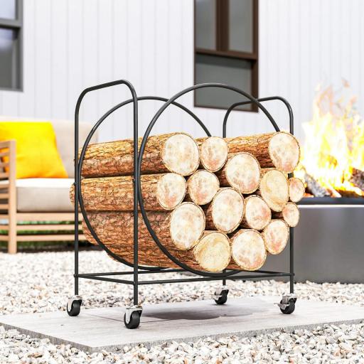 Leñero Exterior Metálico de Chimenea Soporte para Leña con Ruedas para Interior y Exterior 51x30x60 cm Negro [6]