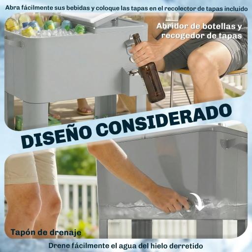 Carrito Nevera de 76L con Ruedas Estante Abrebotellas Recogetapas Drenaje y 2 Asas para Patio Fiesta 92x39x81 cm Plata [2]