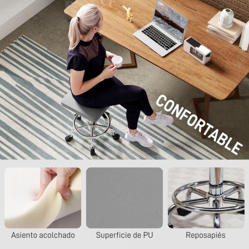 Taburete Giratorio Ajustable Con Asiento Acolchado Reposapiés y Ruedas para Salones y Talleres 34x34x50-66 cm Gris [6]