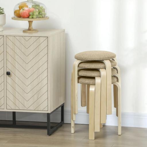 Juego de 4 Taburetes Redondos de Madera Apilables con Asiento Acolchado para Cocina Comedor Dormitorio Caqui [4]