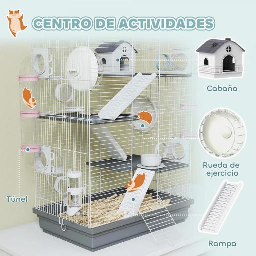 Jaula para Hámster con Túnel Plataformas Cuenco Bebedero Casita Rampas y Rueda de Ejercicio 47x30x70 cm Gris [5]