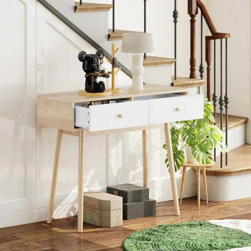 Mesa Consola con 2 Cajones Diseño Moderno en Roble y Blanco para Entrada Salón o Pasillo 86x35x75 cm [6]