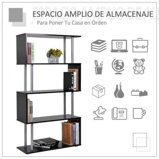 Librería en Forma S Estantería para Libros de 4 Niveles Mueble Estantería para Salón Oficina Estudio 80x30x145 cm Negro [2]