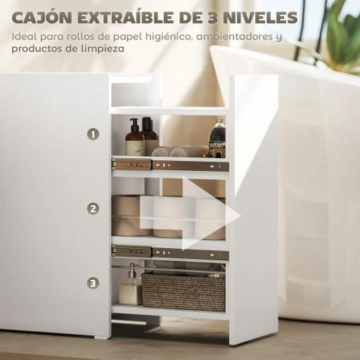 Mueble de Baño Estrecho con Cajón y Ruedas Organizador Independiente con 3 Compartimentos 47x30x66,5 cm Blanco [6]
