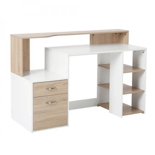 Mesa de Ordenador PC 137x55x92 cm Escritorio con Estantería de 3 Estantes 2 Cajones y Soporte para Impresora para Oficina Estudio Despacho Blanco y Roble [7]