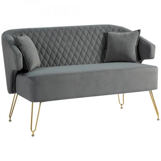 Sofá de 2 Plazas Tapizado en Terciopelo con 2 Almohadas Reposabrazos y Patas de Acero Carga 240 kg 124x69x76 cm Gris [10]