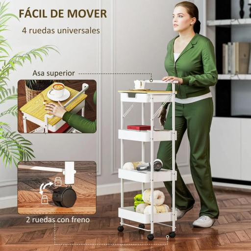Carrito Auxiliar con Ruedas de 4 Niveles con Cajón Encimera y Cestas de Rejilla para Dormitorio Baño Cocina Blanco [5]