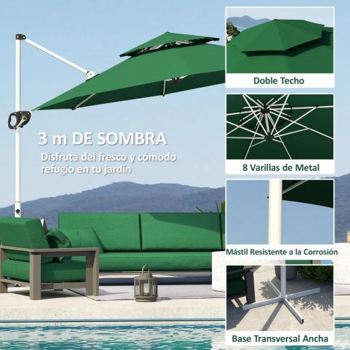 Parasol Excéntrico Ø292 cm con Manivela Giro 360° Inclinación Ajustable Doble Techo y Base Cruzada Verde Oscuro [5]
