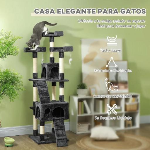 Árbol Rascador para Gatos Grande 49x49x173 cm con Múltiples Niveles con Cuevas Escaleras Juguetes Colgantes Camas Centro Actividades Sisal Gris [2]